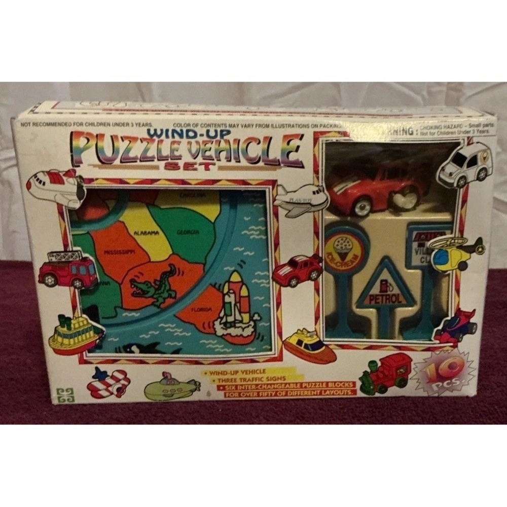 VTG Puzzle Vehicle Set 9281R Wind Up Red Car Town Racer 3 Signs Road Streets